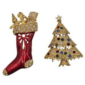 VTG 2PC Brooch Set Christmas Theme Gold Tone Rhinestone Tree + Red Gold Stocking